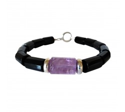 black agate bracelet with amethyst with sterling silver rings