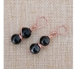 hammered copper earrings with two shungite balls 8mm