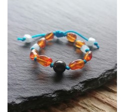 baby boy amber bracelet with shungite and aquamarine on blue cord