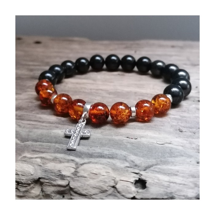 Sterling silver zircon cross bracelet - amber with shungite