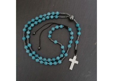 Różaniec z kamieni naturalnych - srebrny krzyż - niebieski jadeit
