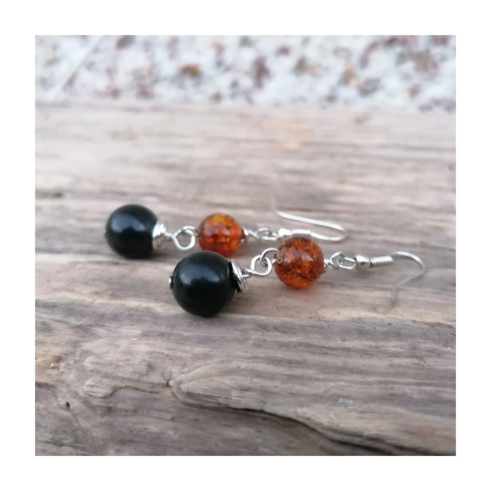 Sterling silver Amber drop earrings with Shungite