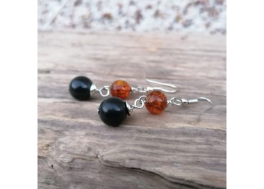 Sterling silver amber drop earrings with shungite