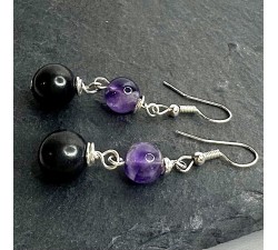Sterling silver Amber drop earrings with Shungite