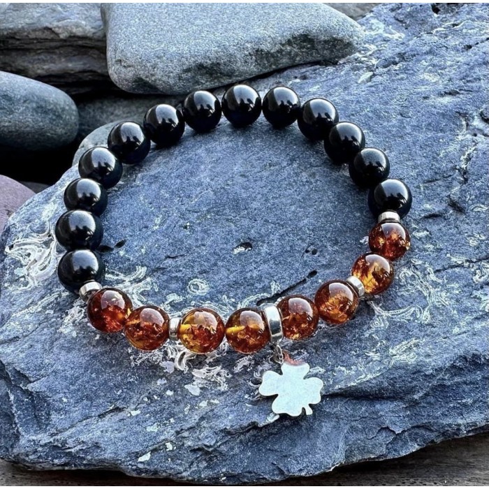 Pure shungite bracelet with amber gemstone and sterling silver clover