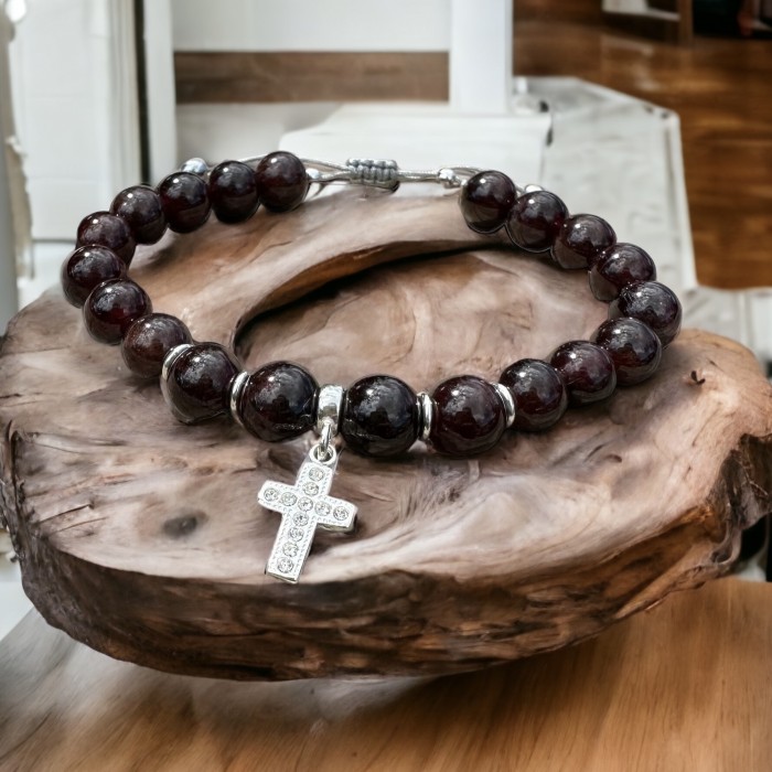 Garnet bracelet with zircon cross