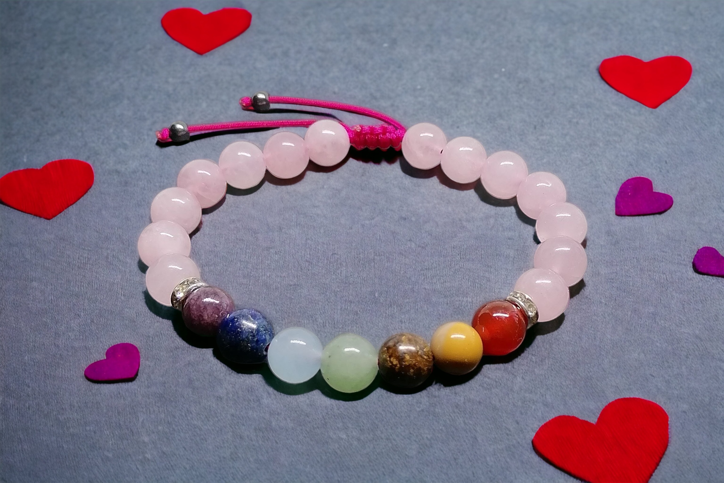 7 chakra bracelet with rose quartz