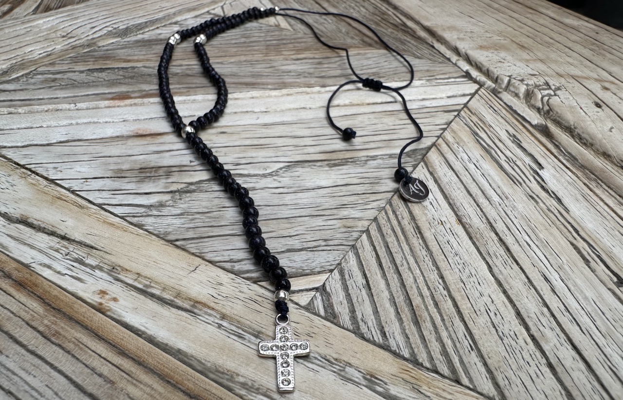 Blue goldstone necklace with sterling silver zircon cross